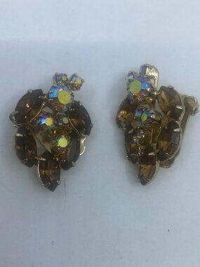 Vtg Continental topaz glass rhinestone aurora borealis clip earrings
